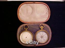 1800s English CASED 2 Pc. Pocket Watch Set Maritime Nautical BAROMETER, COMPASS