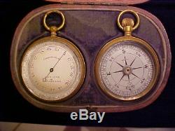 1800s English CASED 2 Pc. Pocket Watch Set Maritime Nautical BAROMETER, COMPASS