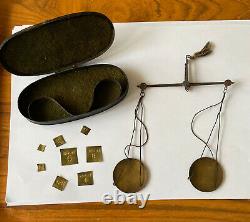 19th C. Antique Travelling Apothecary Chemist Balance Scale and Weights in Box