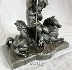 ANTIQUE BAROMETER / Thermometer & Cast Spelter STAND, Putti & Horses