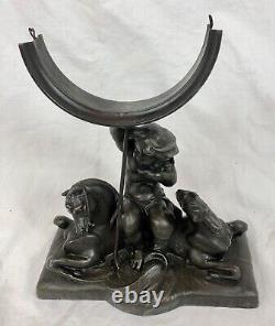 ANTIQUE BAROMETER / Thermometer & Cast Spelter STAND, Putti & Horses