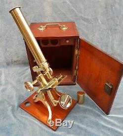 ANTIQUE BRASS MICROSCOPE & CASE GOOD WORKING ORDER LATE 19thC