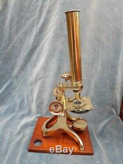 ANTIQUE BRASS MICROSCOPE & CASE GOOD WORKING ORDER LATE 19thC