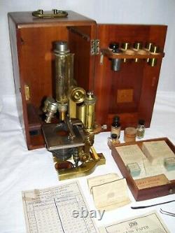 Antique 1897 Brass Bausch & Lomb Microscope Objectives & Extras Wood Case 26689