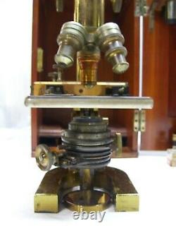 Antique 1897 Brass Bausch & Lomb Microscope Objectives & Extras Wood Case 26689