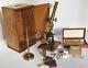 Antique 1900 Cased Monocular Student Brass Microscope With Accessories & Slides