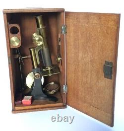 Antique 1900 Cased Monocular Student Brass Microscope With Accessories & Slides