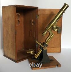 Antique 1900 Cased Monocular Student Brass Microscope With Accessories & Slides