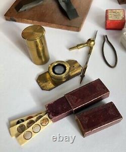 Antique 1900 Cased Monocular Student Brass Microscope With Accessories & Slides