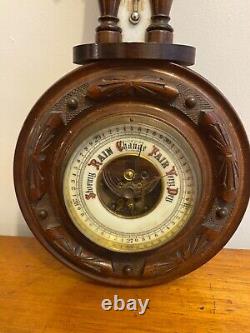 Antique 19th C Finley Carved Oak Aneroid Skeleton Barometer