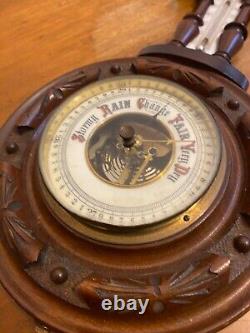 Antique 19th C Finley Carved Oak Aneroid Skeleton Barometer