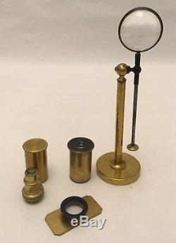 Antique 19th Century Brass Bar Limb Microscope with Lenses Accessories and Box