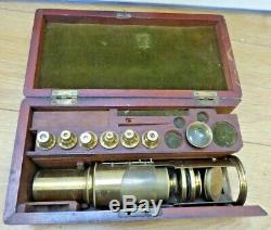 Antique Boxed Victorian Brass Monocular Compound Field Microscope & Accessories
