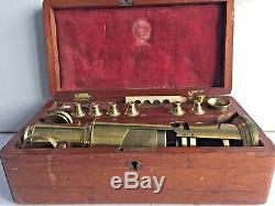 Antique Brass C. West Liverpool Microscope in Mahogany Case with Lenses & Slides