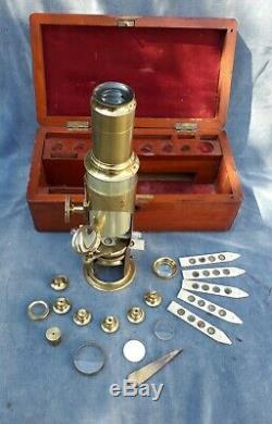 Antique Brass Drum Microscope Signed & Full Set Of Accessories Circa 1840-50