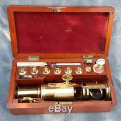 Antique Brass Drum Microscope Signed & Full Set Of Accessories Circa 1840-50