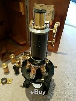 Antique Brass Ernst Leitz Wetzlar Microscope 1921 Model Oak Carrying Case