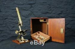 Antique Brass Field Microscope in Wooden Case with Slides Scientific Science
