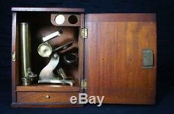 Antique Brass Field Microscope in Wooden Case with Slides Scientific Science