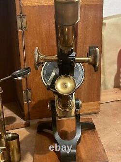 Antique Brass Microscope With 3 Objectives, 10 Slides, Bullseye Condenser Etc