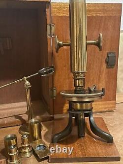 Antique Brass Microscope With 3 Objectives, 10 Slides, Bullseye Condenser Etc