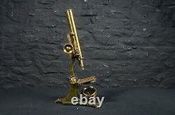 Antique Brass Microscope with a Bullseye Lens on Stand in a Mahogany Case