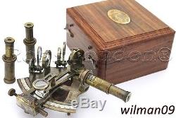 Antique Brass Navigation Sextant in Wooden Box & Two extra Telescope