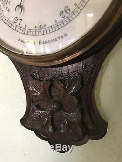 Antique British Carved Oak Aneroid Banjo Barometer & Thermometer