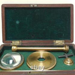 Antique C19th Brass Microscope Light Condenser Bullseye in Fitted Mahogany Box