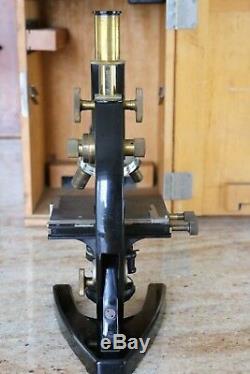 Antique Carl Zeiss Jena Brass Microscope. With Case, 3 Lenses, 1 Eyepiece