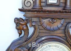 Antique Carved Black Forest Wood Barometer Thermometer Weather Chimera Griffin
