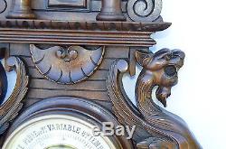 Antique Carved Black Forest Wood Barometer Thermometer Weather Chimera Griffin