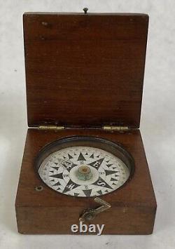 Antique Cased Pocket Compass, Floating Dial Card, Hinged Mahogany Block, C 1850