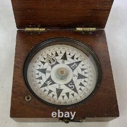 Antique Cased Pocket Compass, Floating Dial Card, Hinged Mahogany Block, C 1850