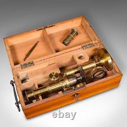 Antique Cased Scholar's Microscope, English, Brass Scientific Instrument, C. 1920