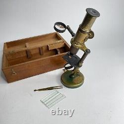 Antique E. Lennie Edinburgh Brass Microscope circa 1890s with Wood Case