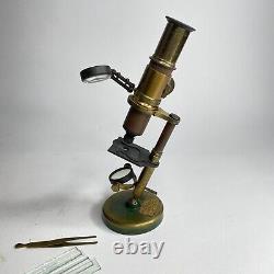 Antique E. Lennie Edinburgh Brass Microscope circa 1890s with Wood Case