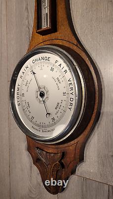 Antique Early 20th Century c1930's Oak Wall Mount Banjo Barometer & Thermometer