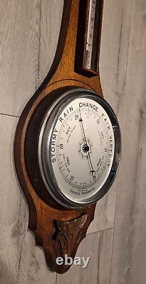 Antique Early 20th Century c1930's Oak Wall Mount Banjo Barometer & Thermometer