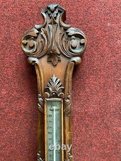 Antique English Victorian Carved Walnut Banjo Barometer