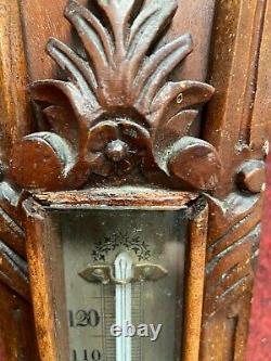Antique English Victorian Carved Walnut Banjo Barometer