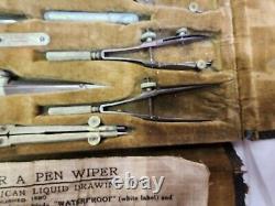Antique F. Weber Co. Drafting Tools Felt Lined Case Compasses Drawing Instrument