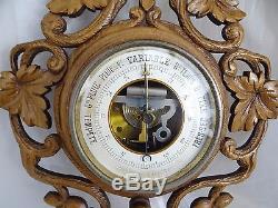Antique French Barometer Thermometer Wooden Carved Oak Hunt Motif