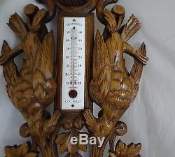 Antique French Barometer Thermometer Wooden Carved Oak Hunt Motif