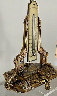 Antique French Champleve Enamel Inlaid Ormolu Desk Thermometer Alphonse Giroux