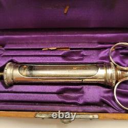 Antique Glass Metal Syringe In Satin Covered Wooden Case Medical Instrument