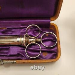 Antique Glass Metal Syringe In Satin Covered Wooden Case Medical Instrument