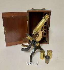 Antique Lacquered Brass Compound Microscope by Henry Crouch in Box with Lenses