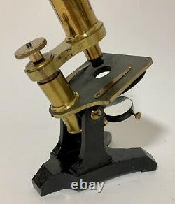 Antique Lacquered Brass Compound Student Microscope in Box with Lenses