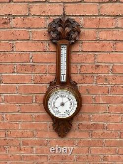 Antique Large Edwardian Quality Carved Oak Aneroid Barometer Superb